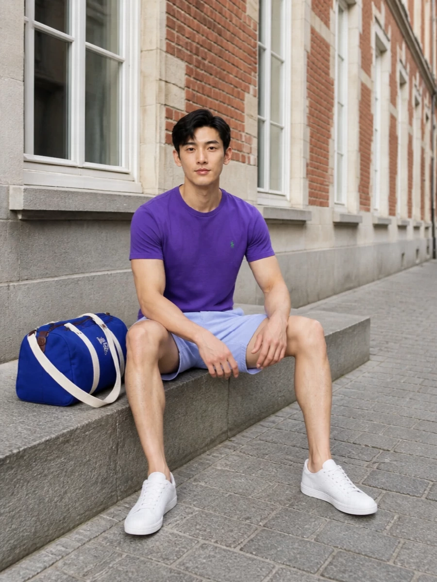 Polo ralph lauren purple tee pastel shorts outfit