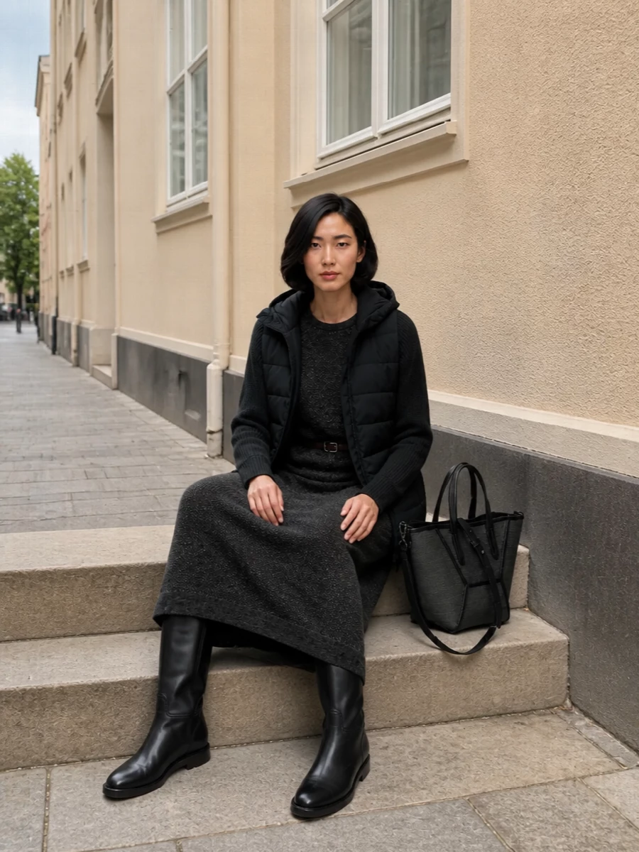 Brunello cucinelli parka charcoal knit dress outfit