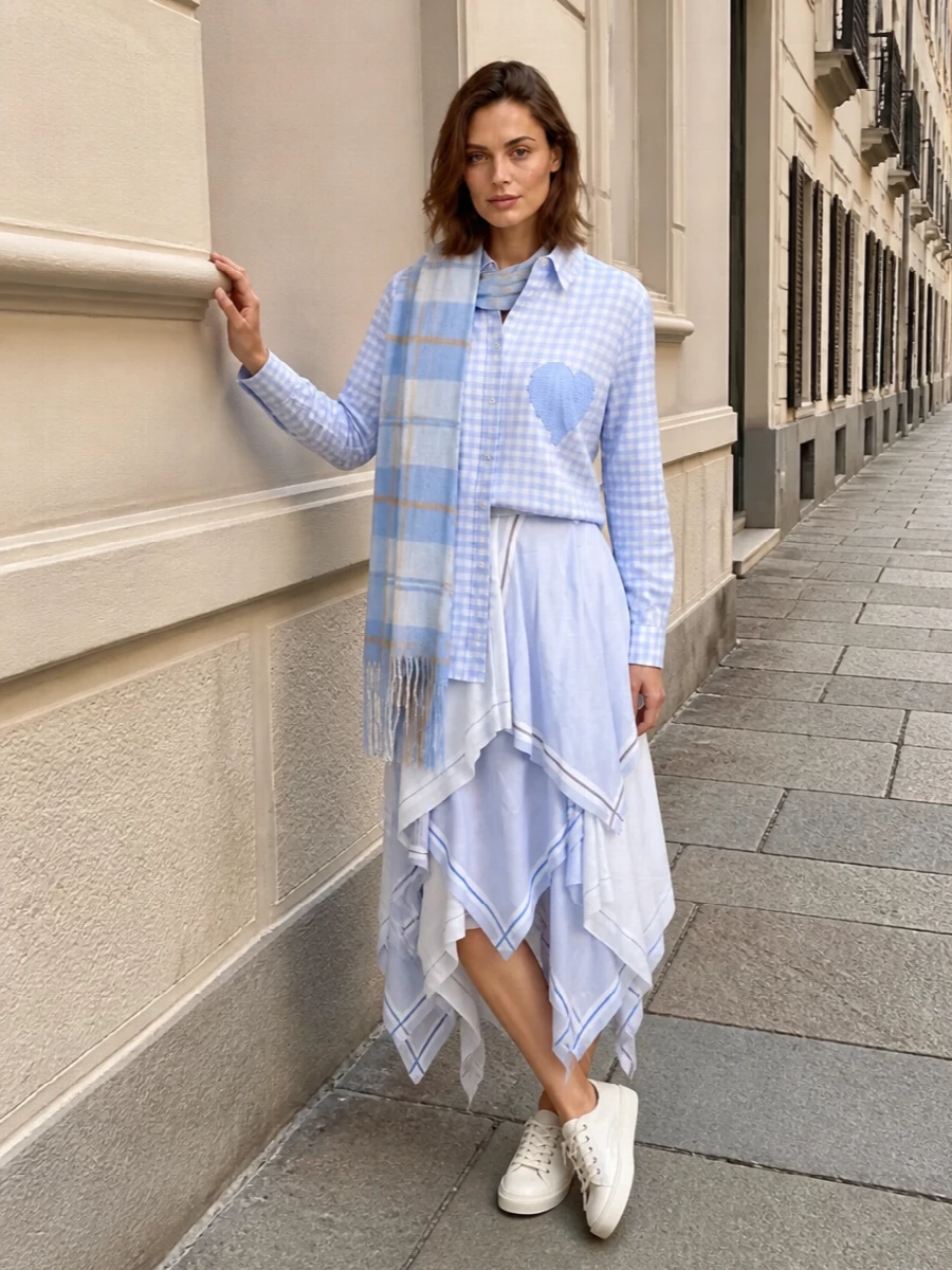 Moschino pastel blue shirt asymmetric midi skirt