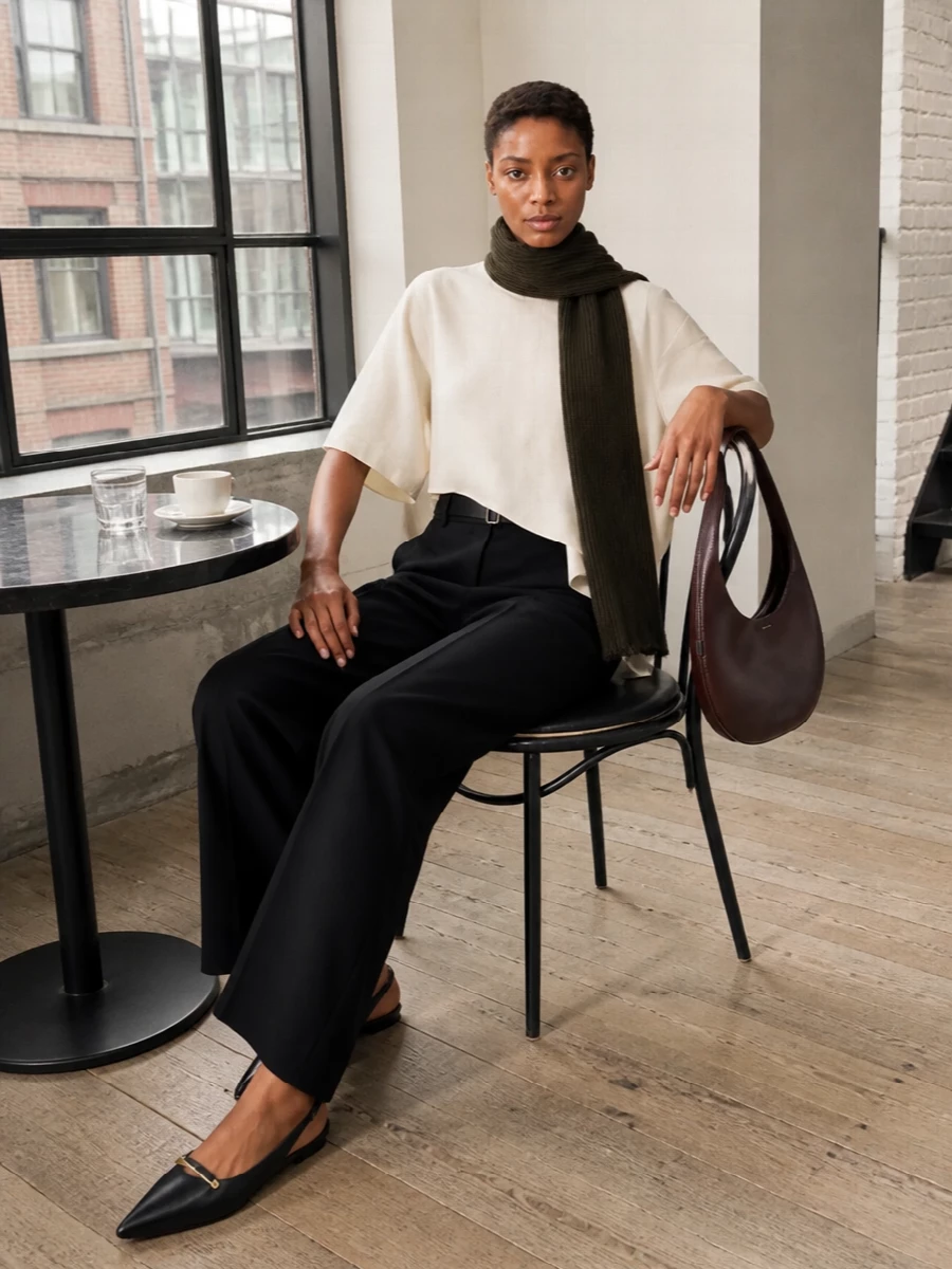 An ivory asymmetric blouse falls over dense black tailoring for a clean, elongated line that feels calm but intentional. Black slingback flats keep the profile sharp yet relaxed, while a deep brown sculptural bag and dark olive scarf quietly echo the blouse’s soft geometry in richer tones. The result is a pared-back, intelligently balanced outfit that moves seamlessly from studio mornings to dinner in the city.