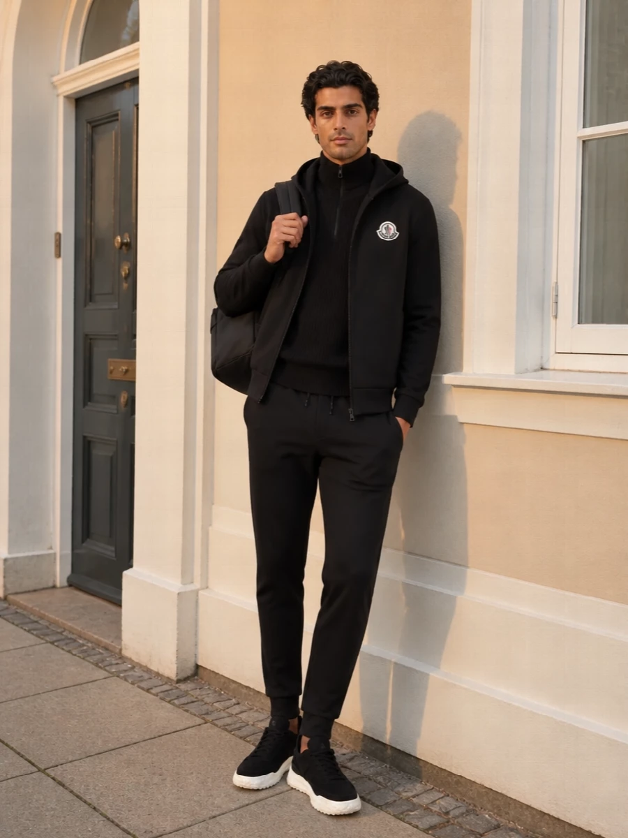 Moncler black hoodie joggers sneakers outfit