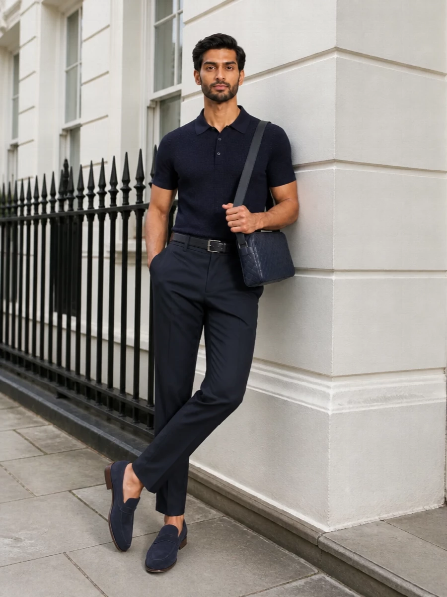 Brioni navy knit polo brunello cucinelli trousers
