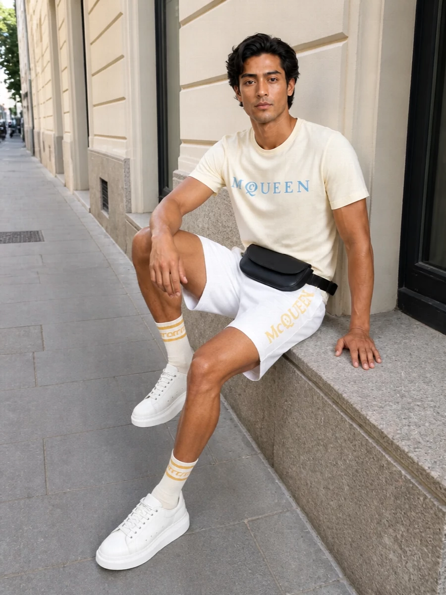 Alexander mcqueen logo tee white shorts outfit