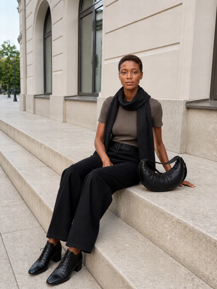 Lemaire taupe tee black wide leg trousers