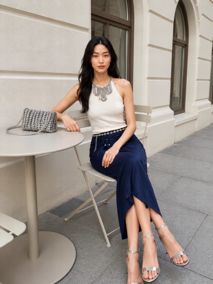 Paco rabanne halter navy midi skirt outfit