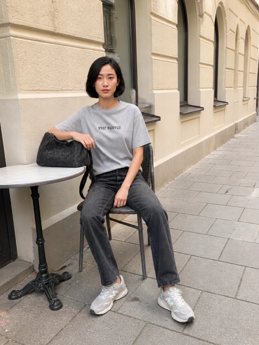 Washed charcoal denim, soft grey jersey and neutral runners create a quiet, street-led uniform that feels considered without trying. The boxy tee and chunky sneaker balance the straight leg, while the slouchy denim shoulder bag adds a single, easy statement in the same lived-in palette.