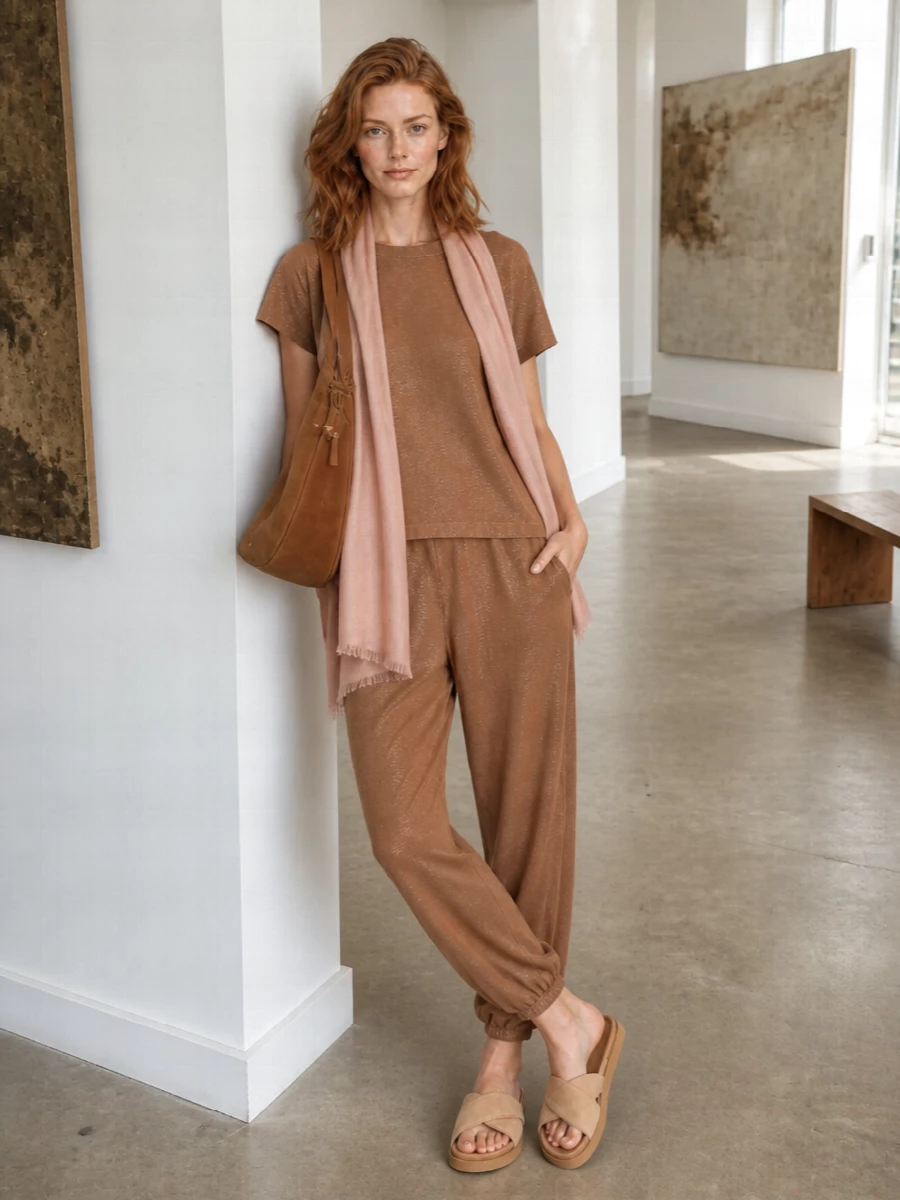 Shimmering caramel track pants meet a matching knit tee for a tonal take on quiet luxury that feels relaxed yet refined. Sand slides and a camel suede hobo keep the palette warm and soft, perfect for city days or low-key evenings. A blush stole adds a whisper of color and softness without breaking the neutral calm.