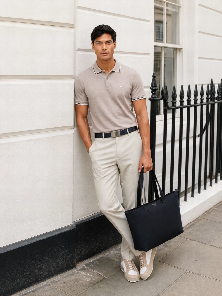 Taupe and light beige sit together here in a calm, tonal pairing that feels considered without trying too hard. The straight, tailored trouser sharpens the polo just enough, while the softly tonal sneakers keep everything relaxed and modern. A navy belt and tote add depth and structure, grounding the neutrals with a quiet hint of color.