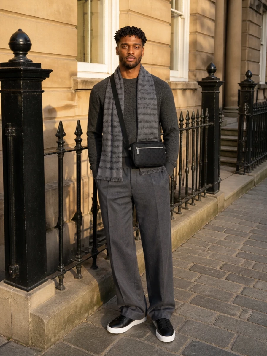 Emporio armani sweater charcoal trousers sneakers