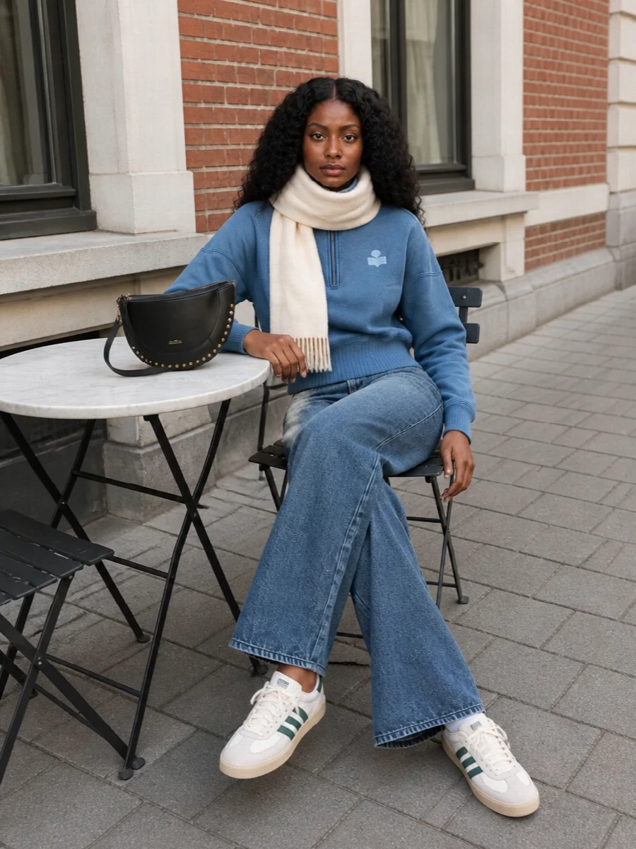 Isabel marant half zip wide leg jeans outfit