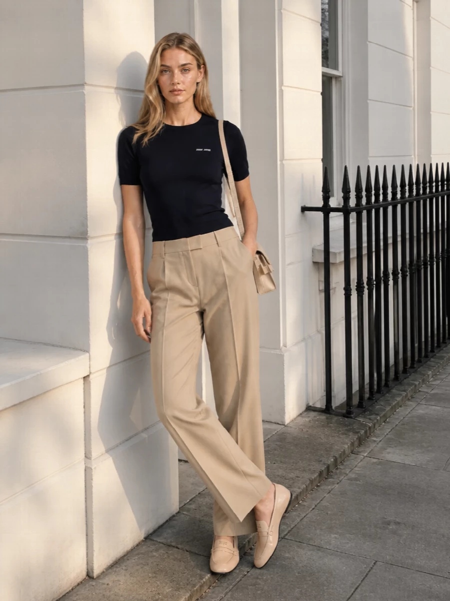 Miu miu navy knit beige tailored trousers outfit
