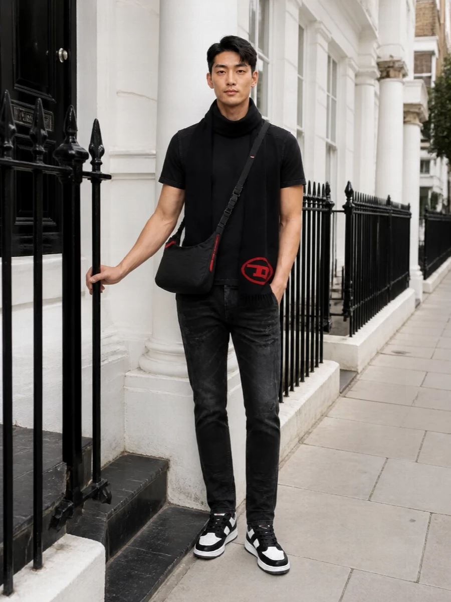 Diesel black washed tshirt slim jeans sneakers outfit