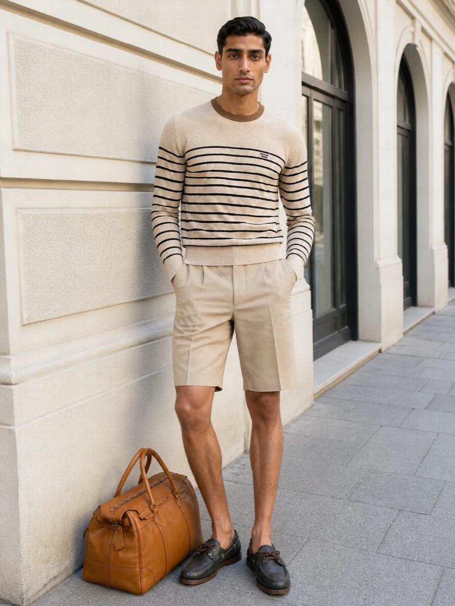Prada striped knit beige tailored shorts outfit