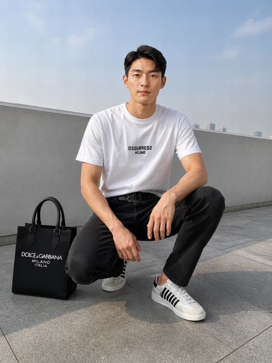 A crisp white Dsquared2 tee sits against washed-black straight denim for a clean, city-ready monochrome base. Graphic black and white sneakers and a structured logo tote keep the vibe sharp yet relaxed. The slim belt quietly finishes the waist, so the focus stays on proportion and logo play through the core pieces.