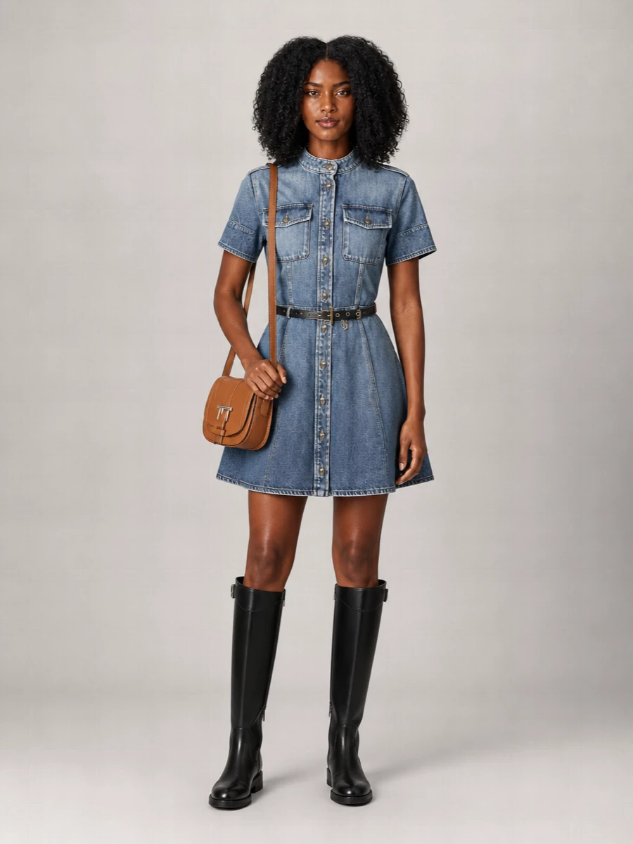 Alexander Mcqueen Denim Belted Short-Sleeve Mini Shirt Dress