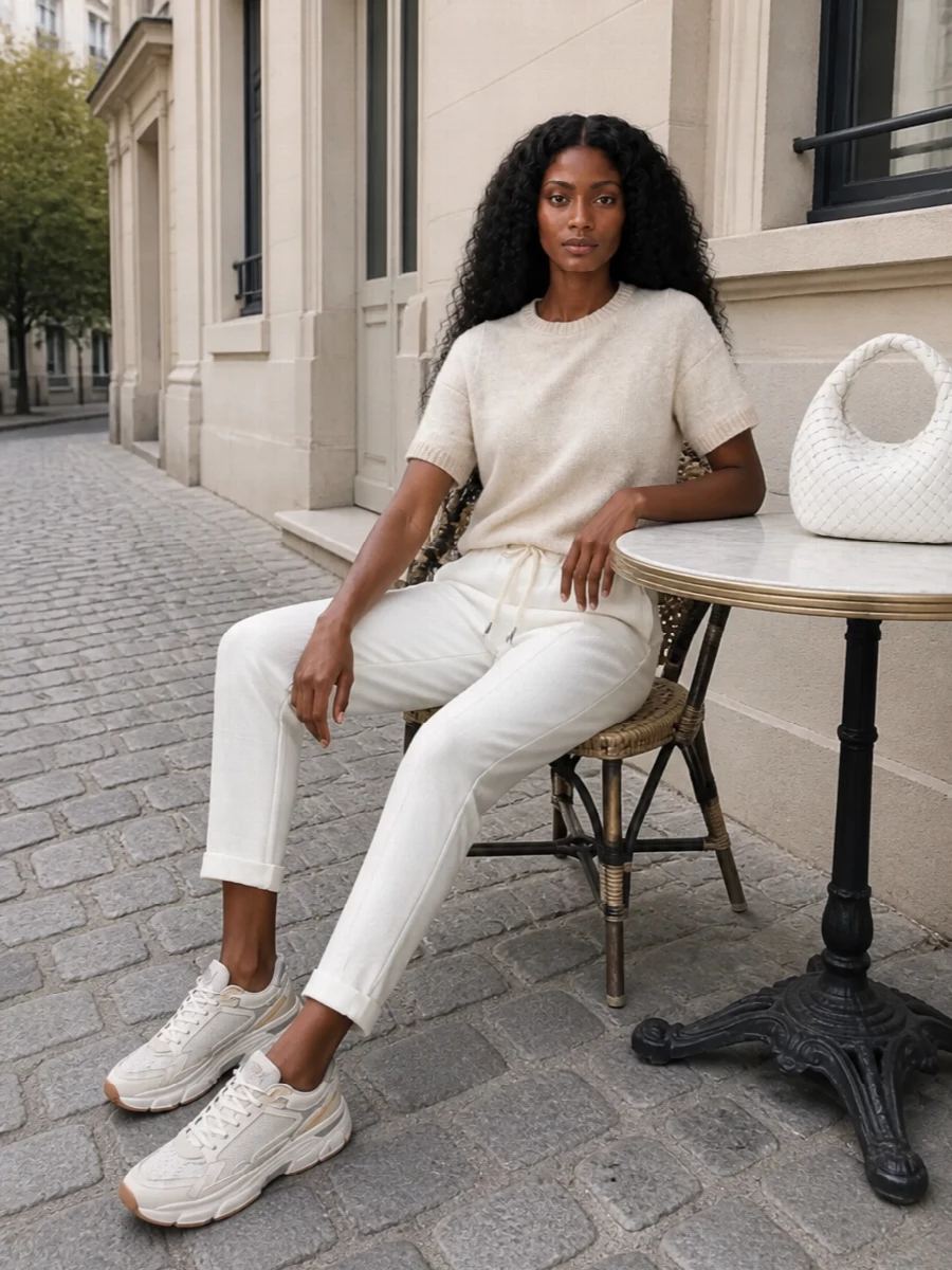 A soft ivory and sand story keeps the Golden Goose runners firmly in quiet-luxury territory, pairing a featherweight Brunello Cucinelli knit with matching tapered track pants. The result is athleisure with tailored discipline, all clean lines and gentle texture rather than logos. A padded Bottega hobo in soft white finishes it off with subtle structure and just enough richness to feel city ready.
