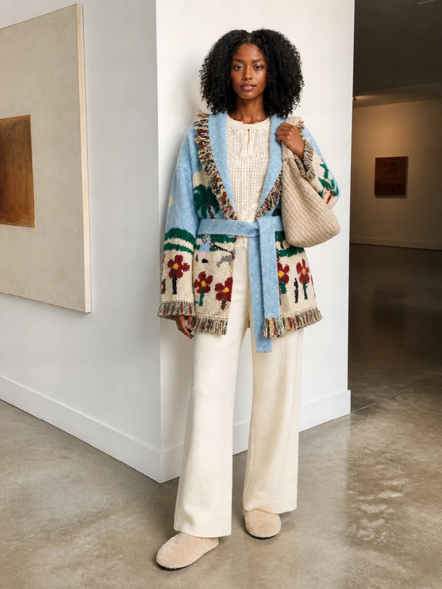 I’m keeping this Alanui robe as the clear hero, so we build a soft, tonal knit base underneath rather than competing print or a dress. The lace blouse and ivory wide-leg pants keep everything light and romantic, letting the powder blue and fringe really sing, while plush slippers and a slouchy woven hobo keep the whole thing in that fireside, off-duty fantasy lane yet quietly city-ready if you step outside.
