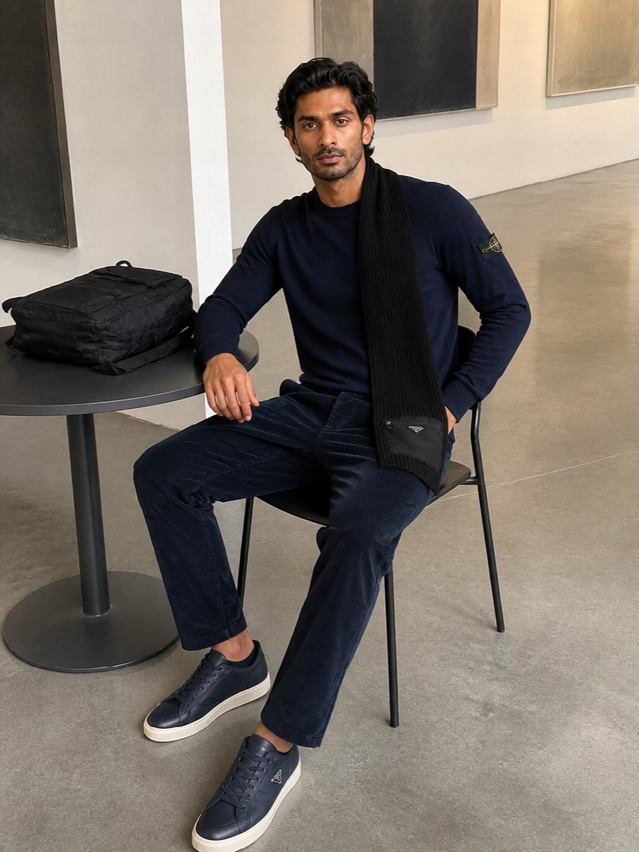 Navy on navy stays controlled here, with the Stone Island knit sitting over deep corduroy trousers for a winter-ready texture shift that still feels sharply minimal. Inky sneakers and a technical backpack keep the palette tight in blues and blacks, so the compass badge and subtle branding do the talking. It is a clean, city-ready street-sport uniform that moves easily from daytime errands to low-key dinners without needing a change.
