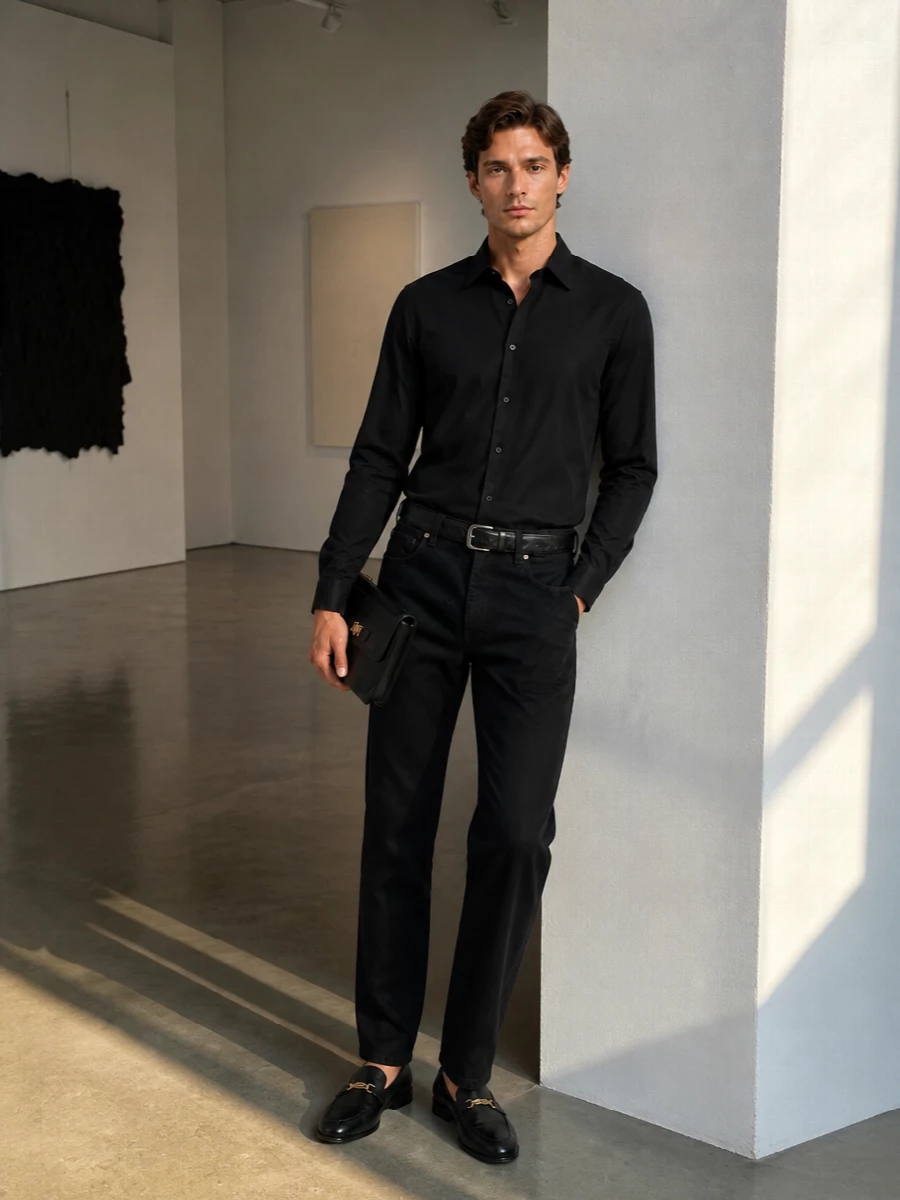 Versace black shirt trouser loafers outfit