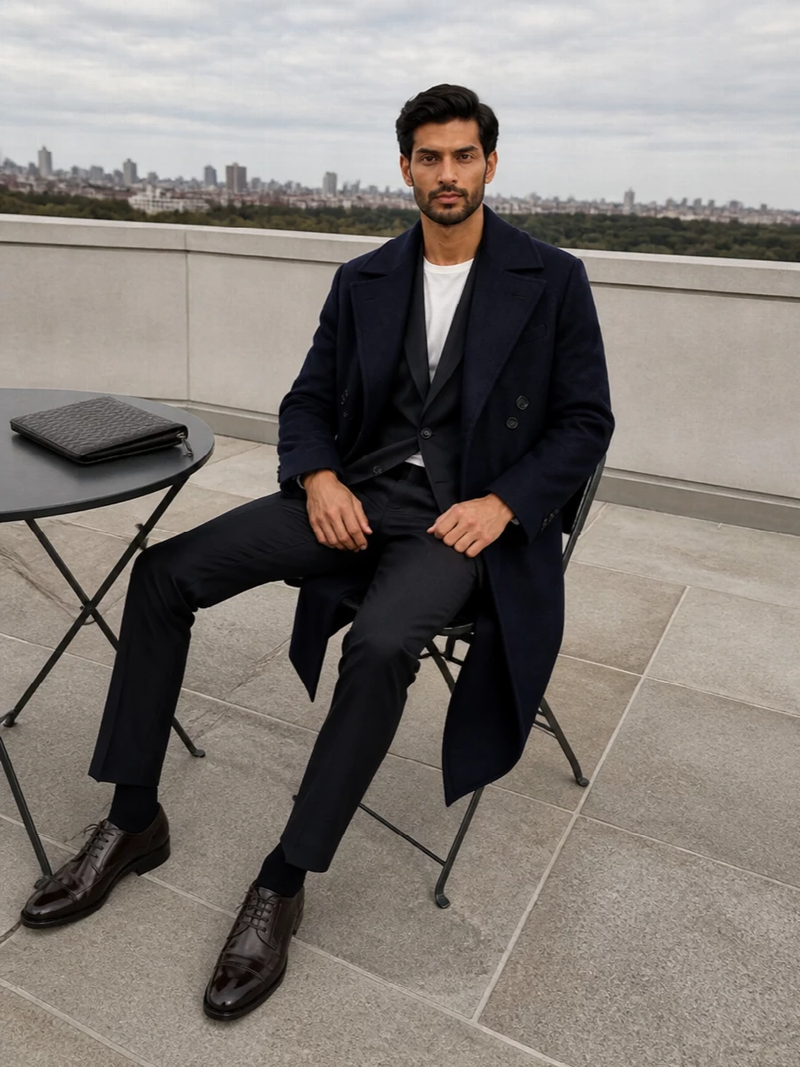 Boglioli navy overcoat zegna trousers outfit