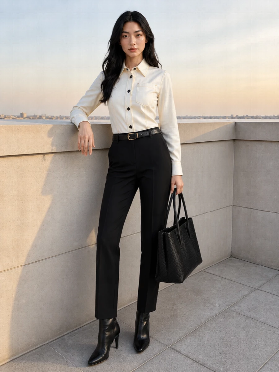 Bottega veneta ivory shirt black tailored trousers
