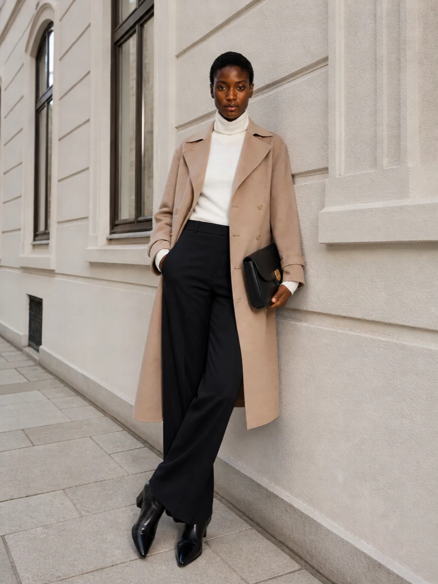 I am styling the coat with tailored separates rather than a dress so the oversized camel shape reads intentional, framed by a sharp column of black and ivory beneath it. The ivory turtleneck and black wide-leg trouser give a clear vertical line, while pointed ankle boots and a sculpted black bag keep the mood polished and urban. It is a calm, grown-up winter uniform that feels luxurious without any noise.
