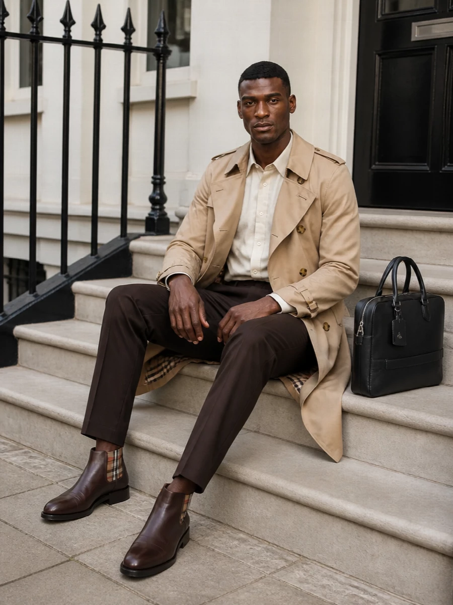 Burberry trench brown trousers chelsea boots