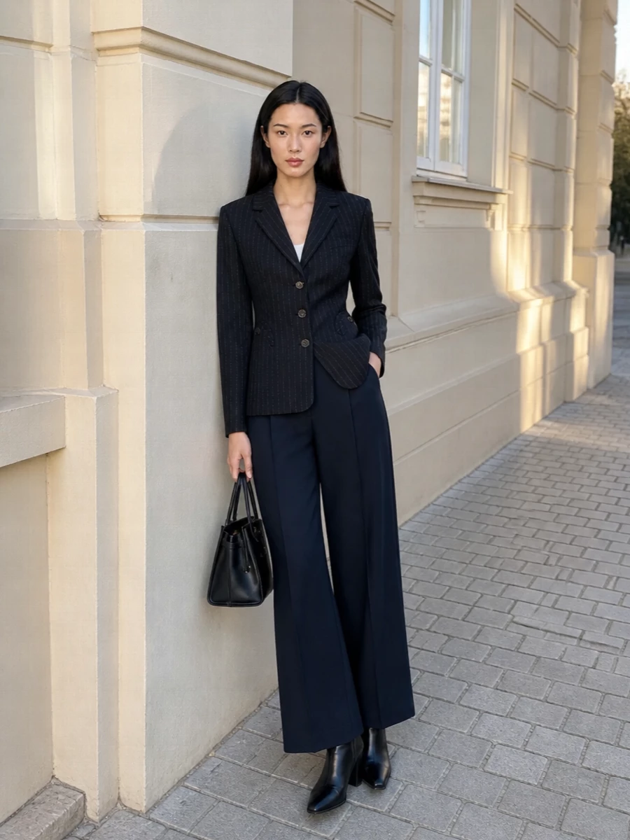 Charcoal pinstripe tailoring meets deep navy to create a long, refined column that feels sharp without ever reading severe. The pointed black ankle boots and structured top-handle bag underline the blazer’s quiet authority, while a slim belt cleans up the waistline for a disciplined, boardroom-to-dinner silhouette. Think precise Italian suiting with just enough softness in the drape to feel thoroughly modern.