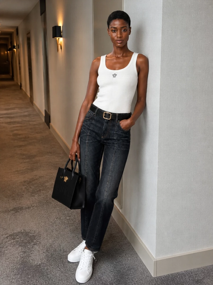 Versace straight jeans buttercream tank sneakers