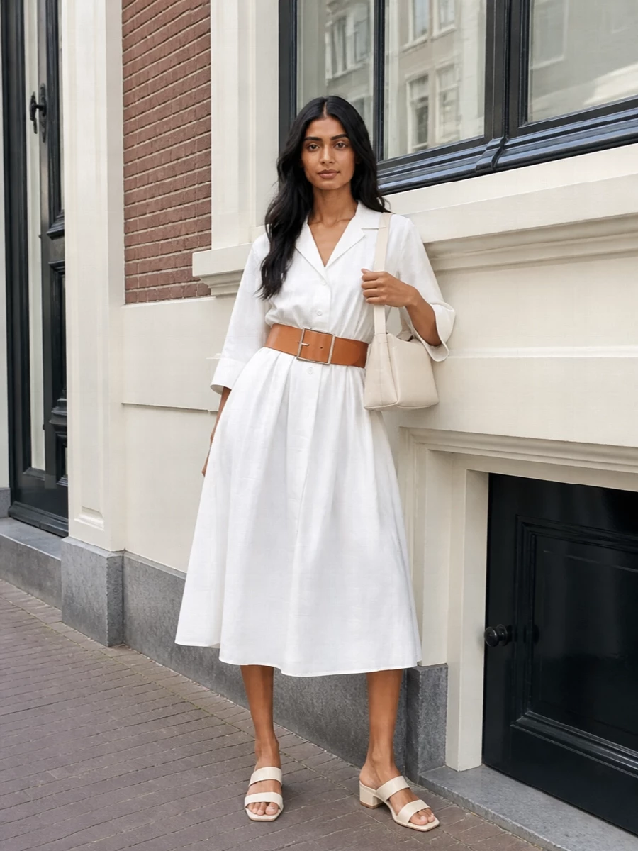 A crisp white shirtdress is cinched with a structured tan belt, turning its easy A-line into a quietly defined summer silhouette. Cream leather mules and a matching structured shoulder bag keep the palette light and cohesive, shifting the dress from off-duty ease to polished city days. It is an understated mix of clean lines and soft neutrals that works from terrace lunch to late-afternoon meetings without needing a change.