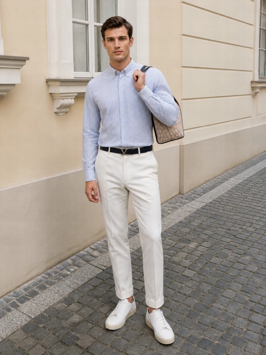 Valentino striped shirt ivory trousers white sneakers