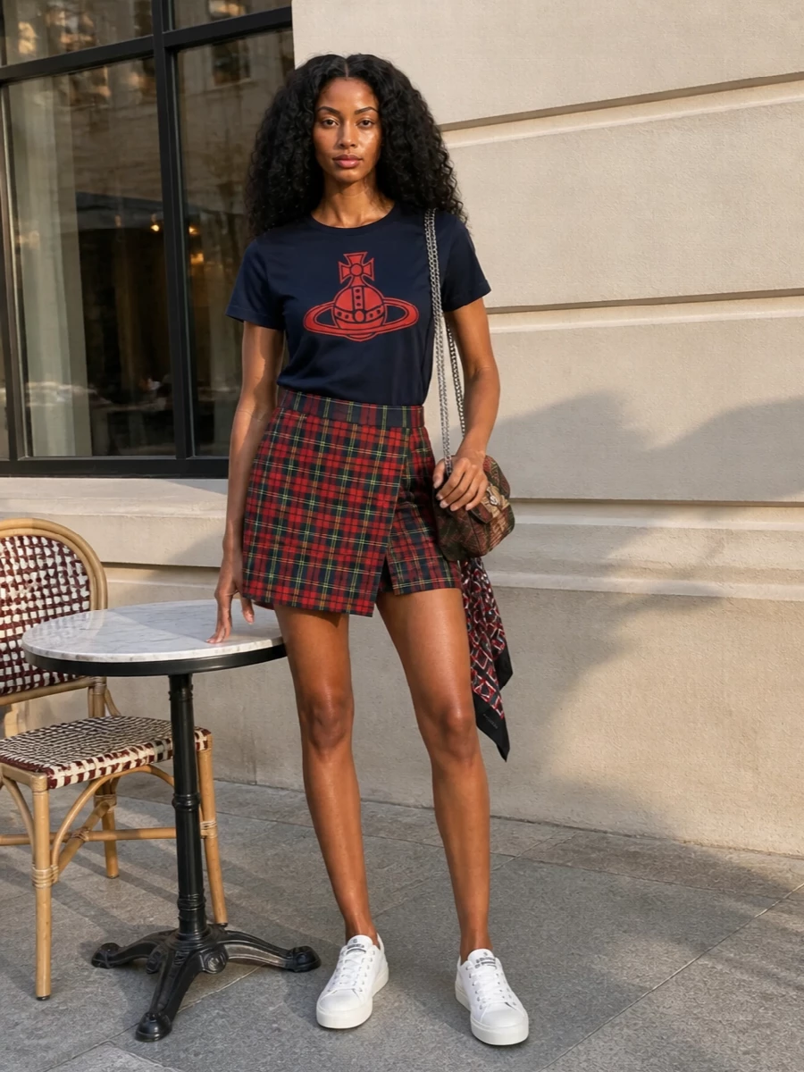 A navy Orb tee meets a sharp red tartan mini for a very Westwood take on preppy streetwear. Clean white sneakers and a compact plaid shoulder bag keep it fast, graphic and easy for city days, with a silk foulard adding just enough polish if you want it. It is bold but tightly edited, so the iconography and checks do the talking without feeling busy.
