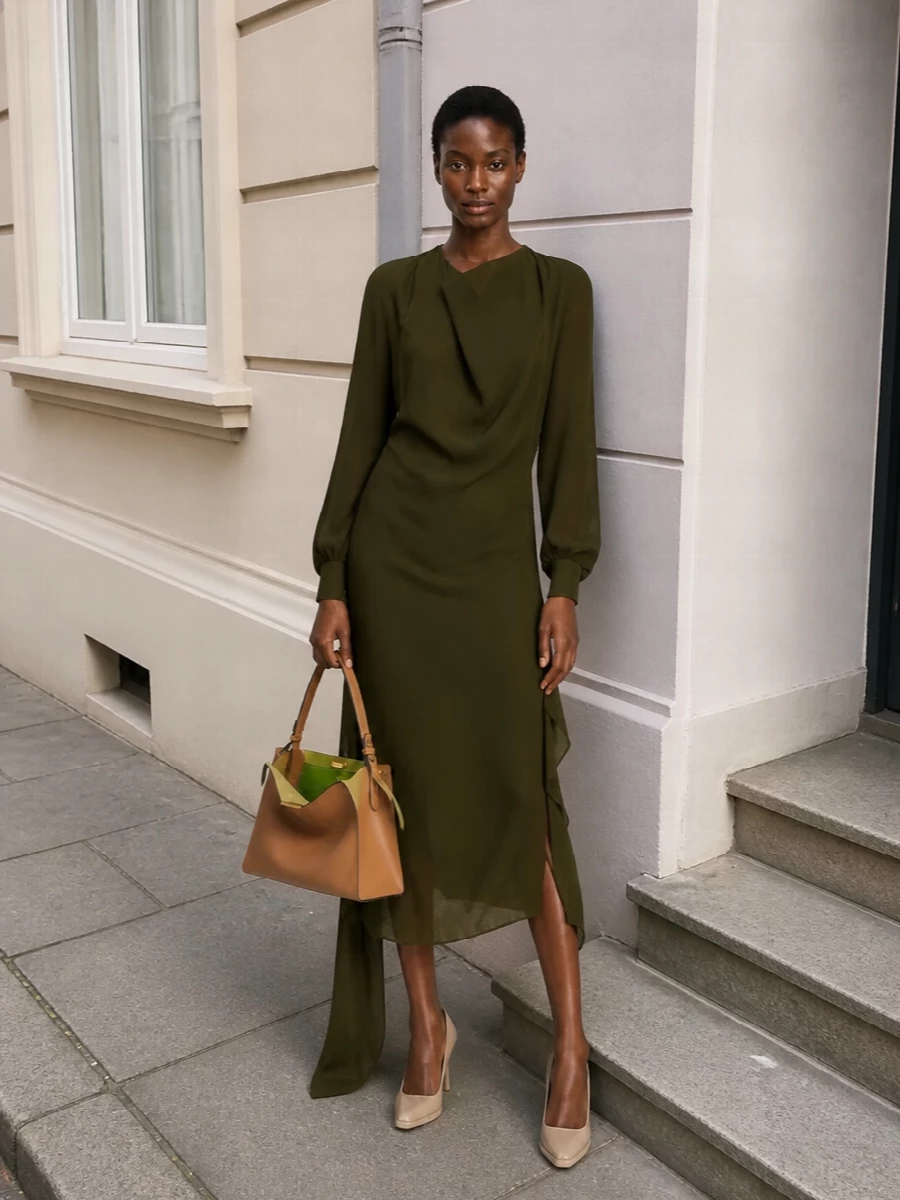 Choosing the draped Ferragamo dress path keeps the outfit focused and lets the Fendi tote’s camel and olive story read as intentional rather than literal. Deep olive, nude and camel sit in the same low-contrast family, so the result is a polished, modern city ensemble that feels dressed for dinner yet restrained enough for daytime meetings. The clean pumps and structured bag sharpen the dress’s movement, giving you a quietly directional, head-to-toe neutral statement.
