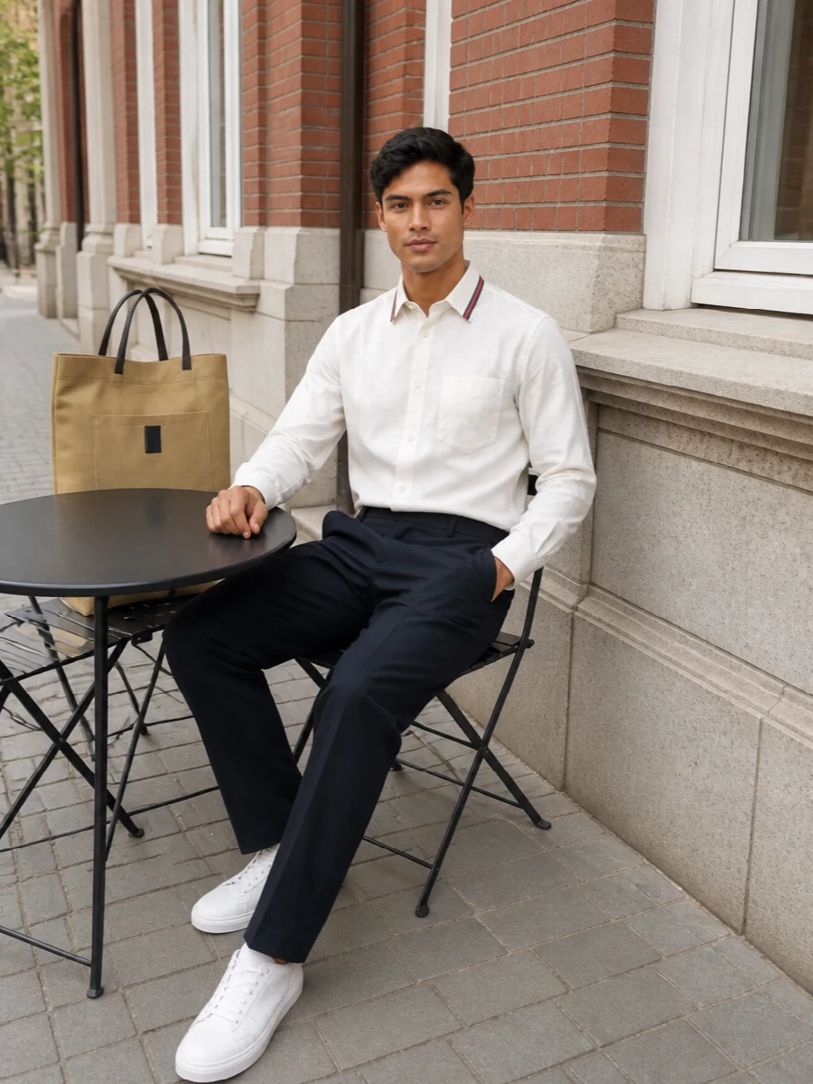 Gucci’s web-collar shirt meets deep navy tailoring for a crisp, city-ready mix of preppy detail and quiet structure. Soft white sneakers keep it relaxed rather than formal, while The Row’s sand canvas tote brings discreet architecture and texture. Ideal when you want desk-to-dinner polish that stays low-key but fully considered.