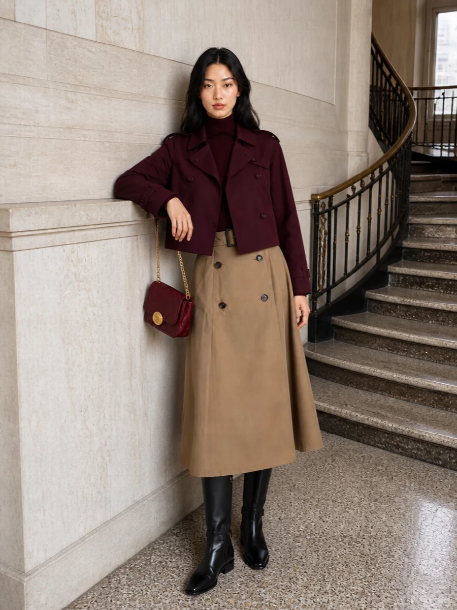 Burberry burgundy trench camel midi skirt outfit