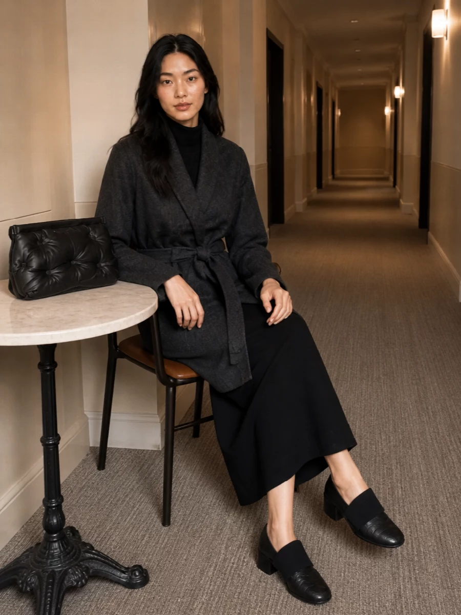 Uma wang charcoal coat black knit midi dress