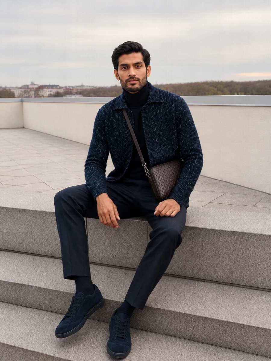 Missoni’s textured navy jacket sits over a clean inky turtleneck, keeping the focus on depth of color and knit rather than overt pattern. Charcoal-navy tailoring and inky suede sneakers sharpen the silhouette while staying relaxed. A compact espresso intrecciato crossbody finishes the outfit with quiet structure and a warm counterpoint to the cool blues.