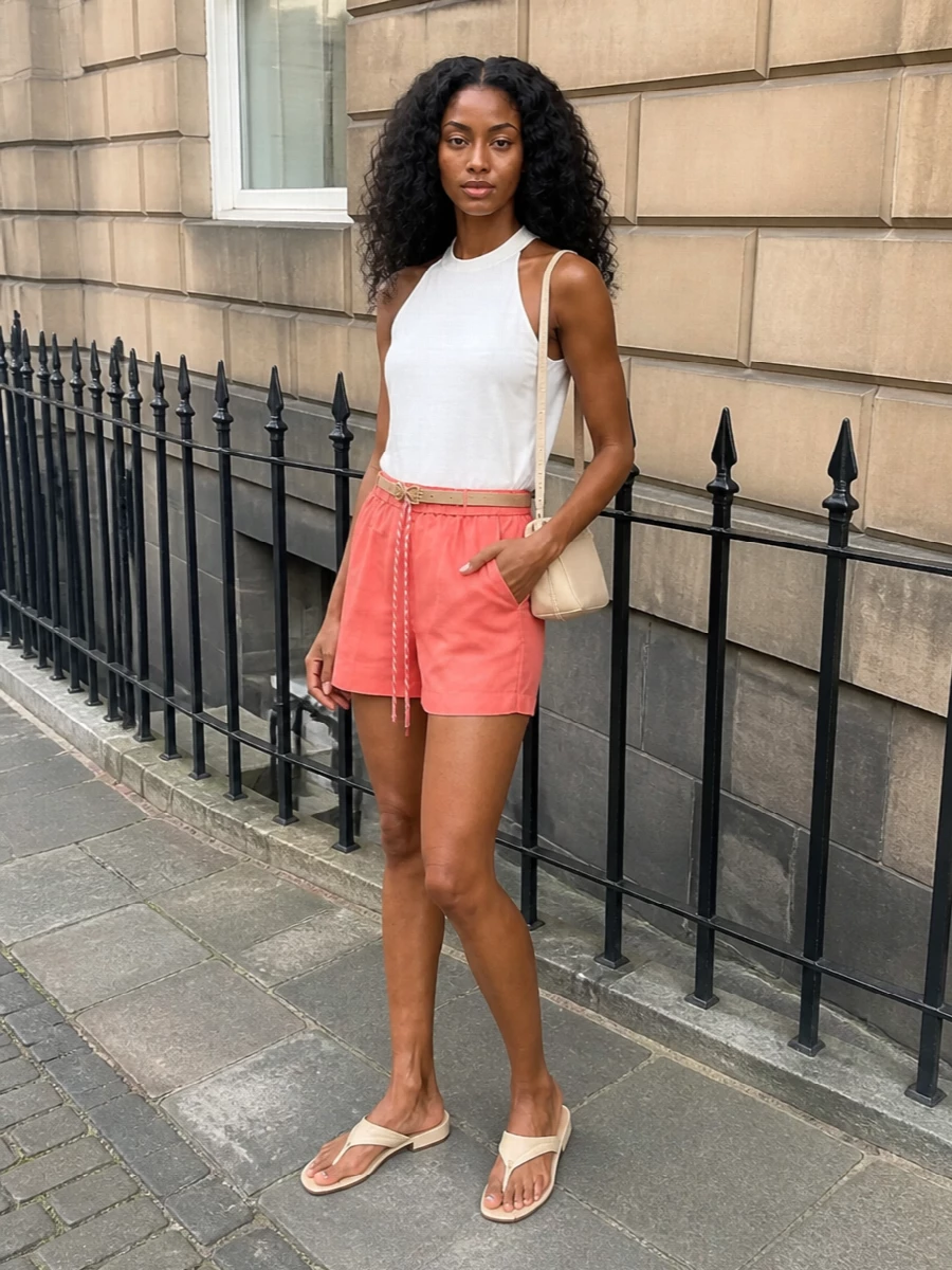 Alysi coral shorts white halter cream sandals