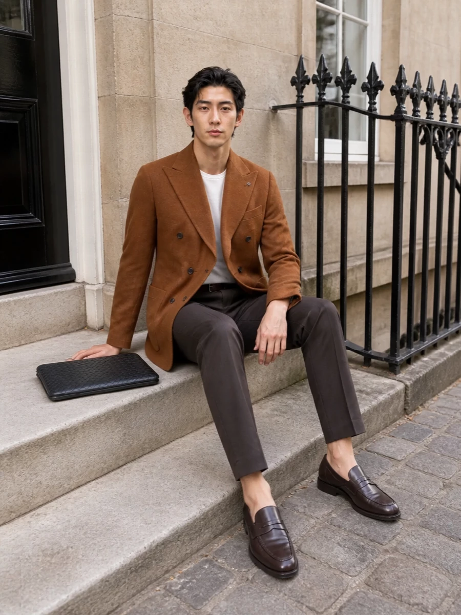Tagliatore camel blazer brown trousers outfit
