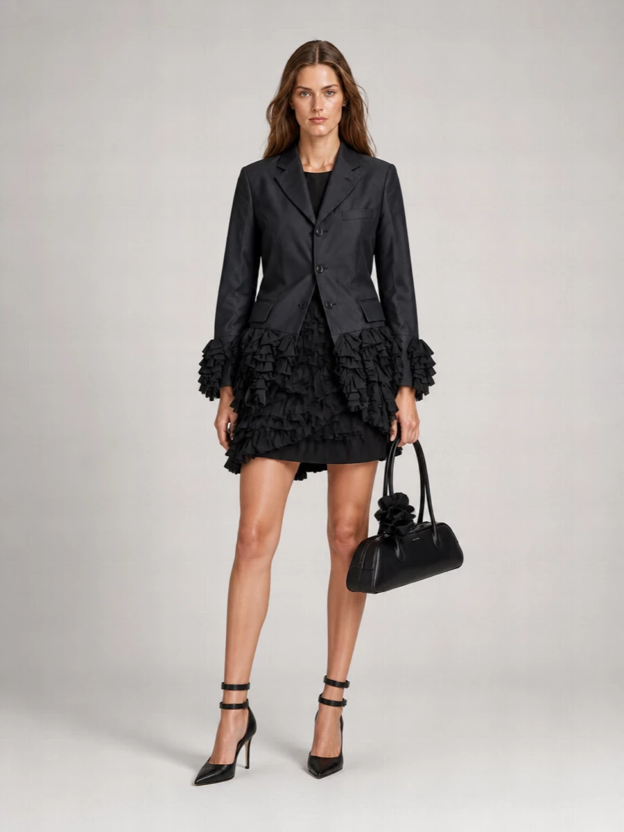 I’m styling this as a dress-based evening ensemble: the Comme des Garçons ruffled mini and the tulle-hem blazer speak the same sculptural, romantic language without the heaviness of full tailoring under tailoring. Anchoring them with a razor-sharp Ann Demeulemeester pump and a sleek Magda Butrym floral-strap bag keeps the focus on movement and texture while staying firmly in a rarefied, gallery-cocktail territory. The result is moody, feminine and architectural, with every detail considered but nothing feeling precious.