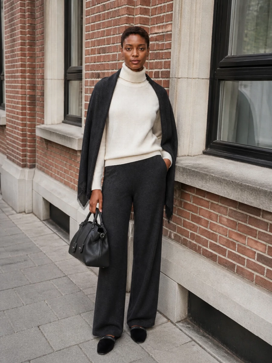 Fendi charcoal knit pants ivory mock neck outfit