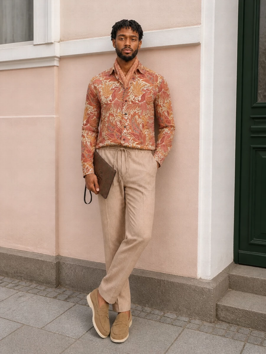 Etro paisley shirt sand drawstring trousers