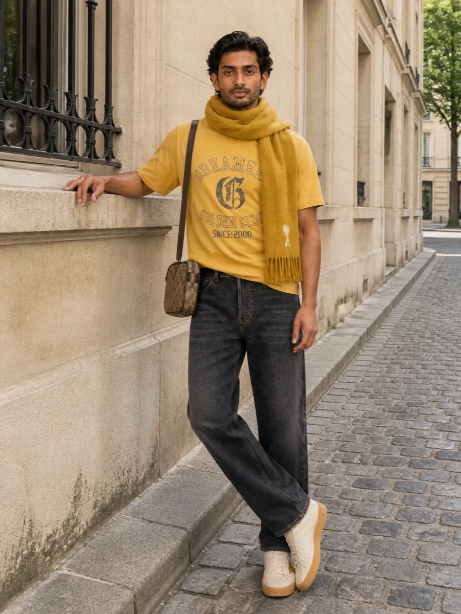 A washed mustard varsity tee meets charcoal straight-leg denim for an easy, grunge-tinged street uniform that still feels considered. Cream and mustard sneakers tie the palette together, while a compact GG crossbody adds a single, polished heritage accent. The mustard scarf finishes the story with warmth and colour repetition that keeps everything intentional rather than thrown on.