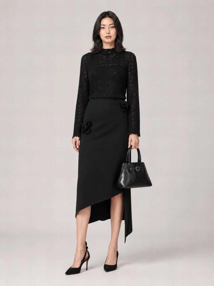Semicouture Crochet Mock Neck Long Sleeve Blouse