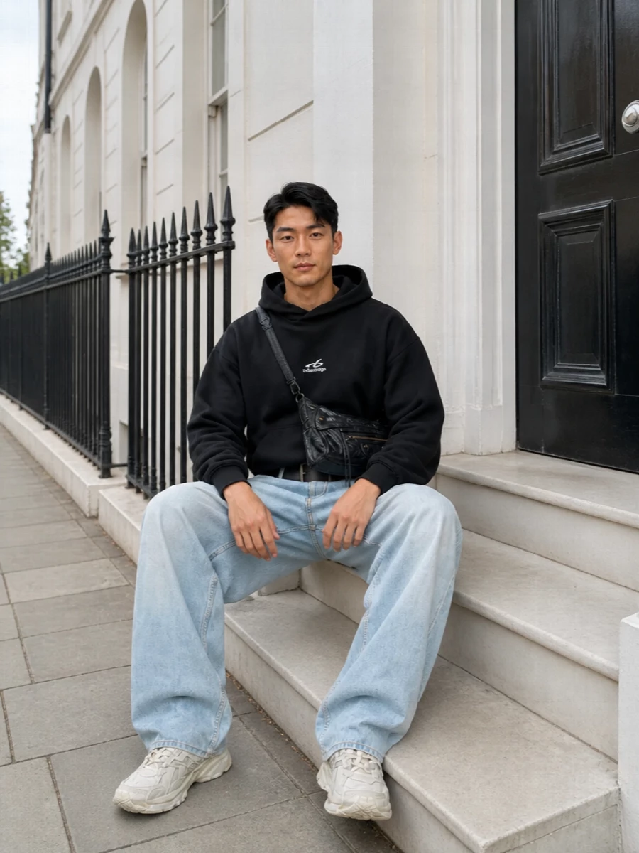 Balenciaga wide leg jeans black hoodie runners