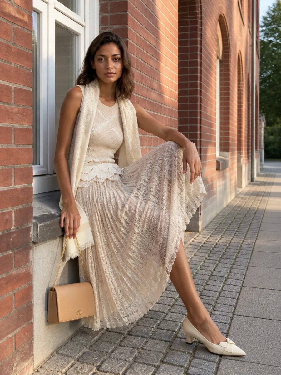Ermanno scervino lace tank pleated midi outfit