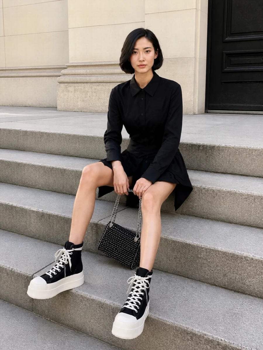 I anchored this around the Alexander Wang black asymmetric shirt dress so the DRKSHDW sneaker boots can stay the statement, playing into a dark, downtown shirt-dress-and-kicks energy. The mini length and draped hem balance the heavy platform, while the clean collar and buttons keep it sharp enough for late afternoons that slide into night. A studded Stella McCartney chain bag brings in hardware and subtle shine, tying the whole thing together as a confident, urban uniform rather than a simple black dress moment.