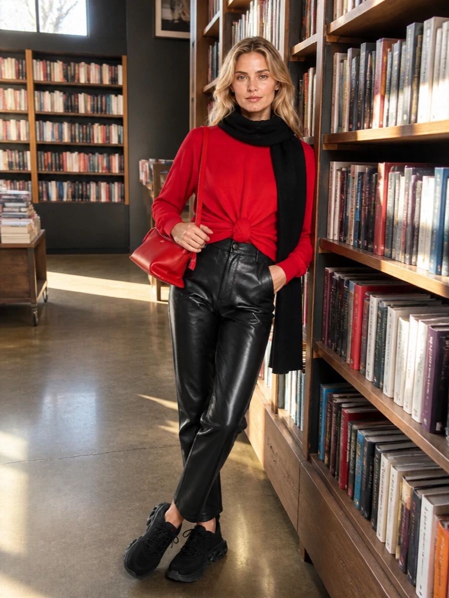 A vivid red sculpted knit meets sharp black leather-effect trousers for a minimal, street-informed take on winter polish. Graphic colorblocking keeps the palette exacting, while the sleek sock sneakers and structured red bag hold the mood on the right side of refined off duty.