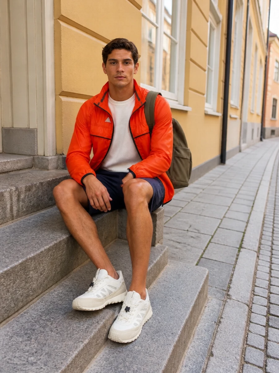 Moncler genius orange windbreaker cargo shorts