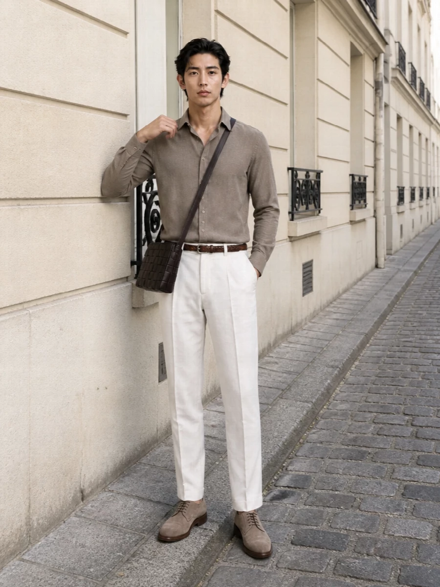 Brunello cucinelli ivory trousers taupe shirt